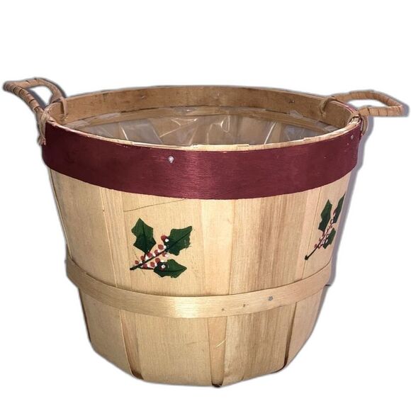 BUSHEL BASKET Small Apple Basket with Handles Holiday Holly - Picture 1 of 9